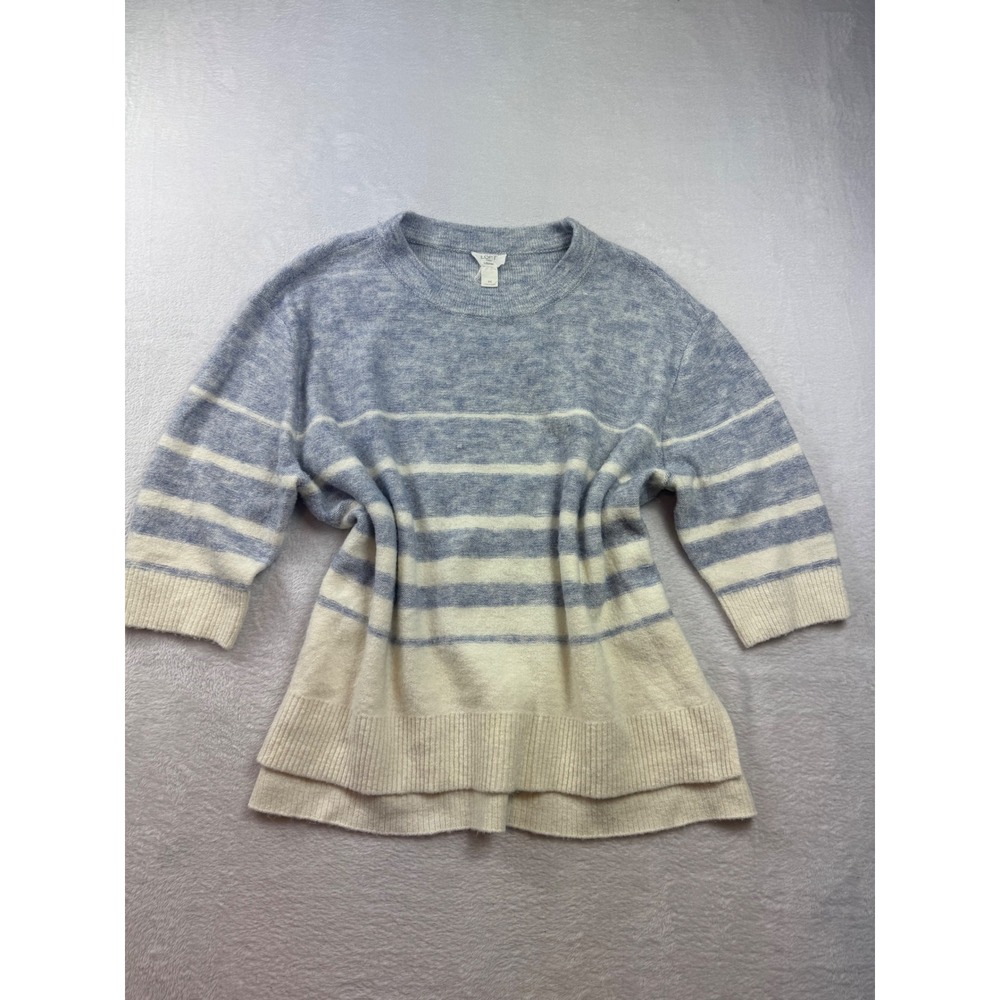 LOFT Outlet Lounge Blue Cream Striped Elbow Sleeve Sweater Medium
